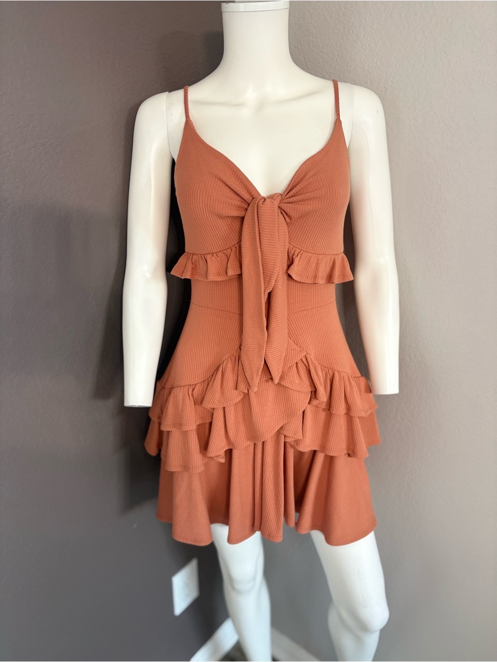 Peach Love California Rust Tie-Front Ruffle Mini Dress